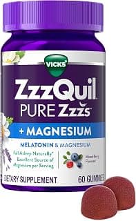 ZzzQuil Pure Zzzs + Magnesium, Sleep Aid, Magnesium Citrate and Melatonin Gummies, Melatonin 2mg, Sleep Aids for Adults, Mixed Berry Flavored, 60 Sleep Gummies