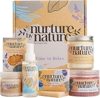 Lavender pillow mist, salts, bomb bar, soy candle, oat soap, shea scrub; cruelty-free self care relaxation box for Christmas