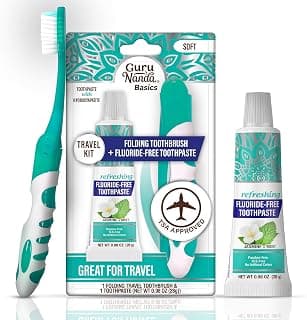GuruNanda Folding Travel Toothbrush with Hydroxyapatite Toothpaste, 1ct | Travel Toothbrush Set|Soft Bristles & Built-In Cover|With Jasmine Mint Fluoride Free Toothpaste|Compact|Portable|TSA Friendly