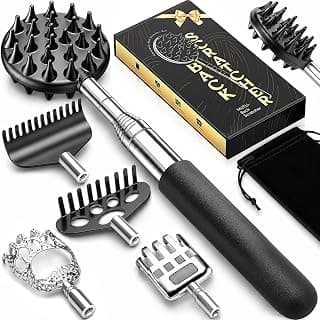 Telescoping Back Scratcher with 5 Detachable Heads, Gift for Men Black | 10-30" Reach, Stainless Steel Pole, Rubber Grip, Christmas Stocking Stuffers, White Elephant, Anniversary and Birthday Gift