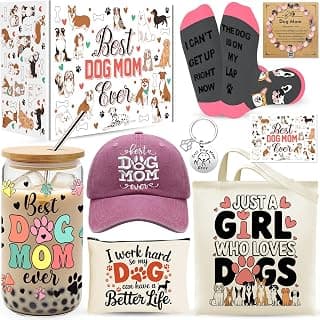 9 Pieces Dog Mom Gifts for Women, Best Dog Lovers Gifts for Women with 16oz Glass Cup, Baseball Cap, Tote Bag, Makeup Bag, Socks, Bracelet, Keychain for Dog Lover Birthday Christmas Mothers Day Gift