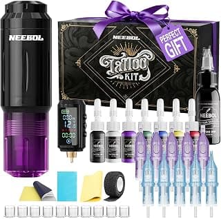 Neebol Wireless Tattoo Gun Kit, Complete Tattoo Set for Beginners & Artists | Purple Tattoo Machine with 1600mAh Battery, Lining/Shading Cartridges Tattoo Supplies, Full Tattoo Kit for Home & Studio