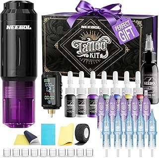 Neebol Wireless Tattoo Gun Kit, Complete Tattoo Set for Beginners & Artists | Purple Tattoo Machine with 1600mAh Battery, Lining/Shading Cartridges Tattoo Supplies, Full Tattoo Kit for Home & Studio