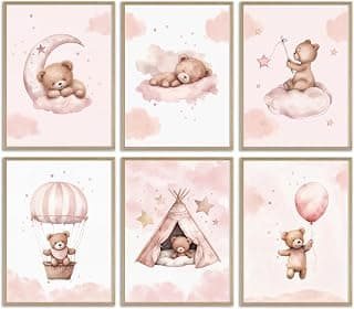 Gschupy Bear Nursery Wall Art Set of 6, Teddy Bear Canvas Wall Decor Pink Pictures Balloon Nursery Children Prints Artwork Moon Star Cloud Art for Girls Room Bedroom 8x10in Unframed