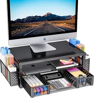 2-Tier Laptop Stand with Drawer and 2 Pen Holders, Office Desk Accessories for Office Supplies, 16"W x 10"D x 5.8"H