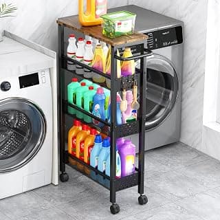 Vivihomety 4-Tier Slim Utility Rolling Laundry Cart with Wheels, Metal | Narrow 7.1" wide, Lockable wheels, wood top panel, metal frame, with handle, for laundry, bathroom, kitchen, black
