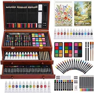 TMOL Art Supplies, 175-Pack Deluxe Art Set Drawing Painting Kit with 2 Drawing Pads, Acrylic Paints, Colored Pencils, Crayons, Art Kit in Wooden Case, Gift for Artist, Adults, Teens and Kids