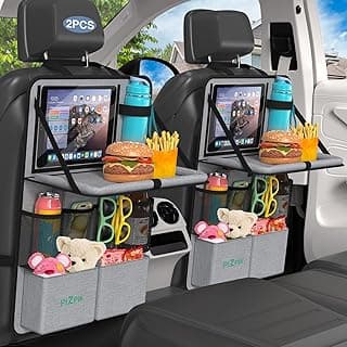 Plzpik Car Backseat Organizer with Tablet Holder,11 Storage Pockets with Foldable Food Tray, Protector Kick Mats for Kids, Travel Accessories Organizer (Gray, 2Pack with Food Tray)