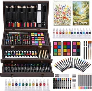175-Pack Deluxe Wooden Art Set Drawing Painting Kit with 2 Drawing Pads, Acrylic Paints, Colored Pencils, Crayons, Paint Brush, Art Kit in Wooden Case, Gift for Artist, Adults, Teens and Kids