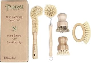 Eco Friendly Kitchen Dish Cleaning Set - Biodegradable & Highly Durable - 5 Piece Set - Coconut, Sisal, Palm Fibers - Brown Wooden Handle
