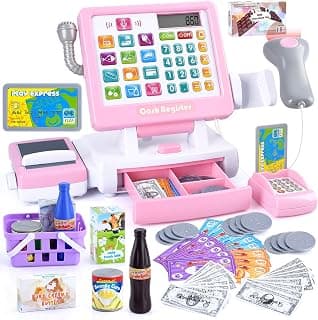 PLAY Kids Cash Register Toy for Pretend Play with Calculator & Microphone | Cash Register for Kids with Scanner/Conveyors/Play Money/Credit Card/Drink Develops Early Math Skills Learning Toys, Pink