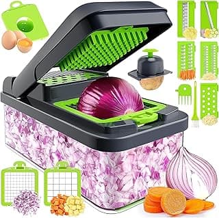 12-in-1 Vegetable Chopper, Food Veggie Chopper With Container | Kitchen Prep Tool, Cheese Grater, Home Essentials & Kitchen Gadgets, with Sharp Stainless Steel Blades(7 Blades, Green)