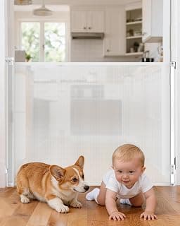Retractable Baby Gate for Stairs, 55" Wide 38" High Pet Gate with Auto-Retract System, One-Hand Operation, Mesh Baby Gate for Doorways, Hallways, Decks, Indoor & Outdoor, White
