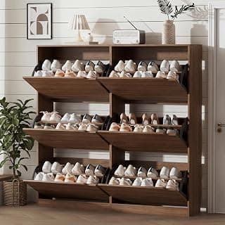 Xixini Shoe Storage Cabinet for Entryway with 6 Flip Drawers, Sturdy Wood Hidden Shoe Storage, Freestanding Narrow Slim Shoe Organizer for Front Door Entrance, Living Room, Hallway, Bedroom, Walnut
