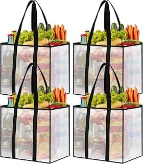 Reusable Grocery Bags, Clear Shopping Bags, 4 Pack, 33L | Heavy-duty, 50-lb capacity, reinforced handles, stands upright, foldable, water-resistant, wipe-clean, visible contents
