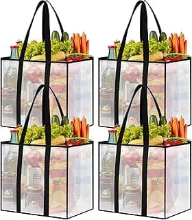 Reusable Grocery Bags, Clear Shopping Bags, 4 Pack, 33L | Heavy-duty, 50-lb capacity, reinforced handles, stands upright, foldable, water-resistant, wipe-clean, visible contents
