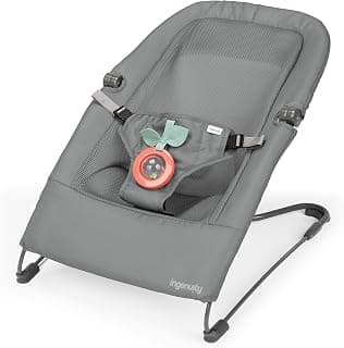 Ingenuity Stow & Go Compact Folding Baby Bouncer, Lightweight Portable Seat with Vibration, Grey, Under 5 lbs
