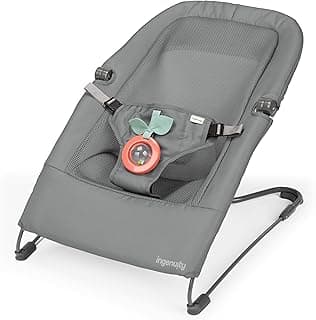 Ingenuity Stow & Go Compact Folding Baby Bouncer, Lightweight Portable Seat with Vibration, Grey, Under 5 lbs