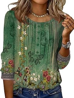 Zeagoo 3/4 Length Sleeve Womens Tops Round Neck Casual Summer Tunic Tops Basic Tees Blouses Dressy T-Shirts Pleated Shirts
