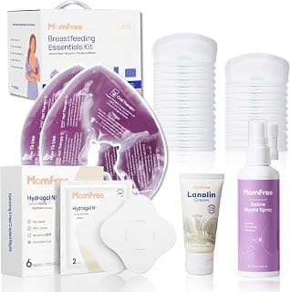 Breastfeeding Essentials Kit for Nursing Moms Nipple Relief, 60 Piece Gift Set with Reusable Hot and Cold Breast Therapy Packs/Hydrogel Nipple Pads/Lanolin cream/Disposable Nursing Pads/Saline Spray