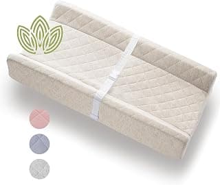 Organic Cotton Covered Contoured Baby Changing Pad | Waterproof Foam Mattress, Soft, Removable & Washable Cover, Safety Strap, Non-Slip Bottom, Topper for Standard Size Infant Diaper Table & Dresser
