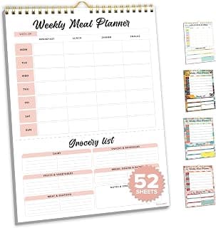 Decorably 52 Sheets Minimal Pink Undated Weekly Meal Planner and Grocery List with 4 Strong Magnets - 8.5x11in Spring-Bound, Refrigerator Mountable, Easy Tear-Off Design