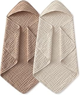 Hooded Baby Towels for Newborn 2 Pack 100% Muslin Organic Cotton Baby Bath Towel with Hood for Babies, Infant, Toddler and Kids, 32x32Inch, Soft and Absorbent Newborn Essential, Beige&Coffee