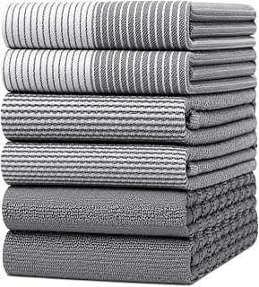Premium Kitchen Towels 6 Pack 100% Cotton, 20"x28" Dish Towels - Grey | Large Flat & Terry Kitchen Linen Set with Hanging Loops, Highly Absorbent for Washing and Drying Dishes