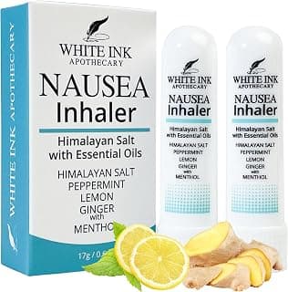 White Ink Nausea Relief Inhaler for Pregnancy & Morning Sickness, 2-Pack | Peppermint, Ginger & Lemon Essential Oils, Himalayan Salt, Motion Sickness, Travel, Upset Stomach, Queasiness, Chemo Nausea