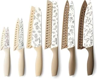 CAROTE Kitchen Knife Set, 6 Floral Knives with 6 Blade Guards, 12-Piece | Stainless Steel Blades, Ceramic Nonstick Coating, Long-Lasting Sharpness, Rust-Resistant, Non-Slip, Dishwasher Safe