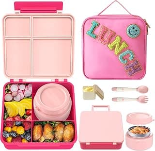 Aimsnk Lunch Box Kids with Thermo Insulated Lunch Bag for School, Pink | Bento Lunch Box for Kids with 8oz Food Jar, Leak Proof Hot Lunch Containers with 4 Compartment, Warm Lunchbox for Toddler
