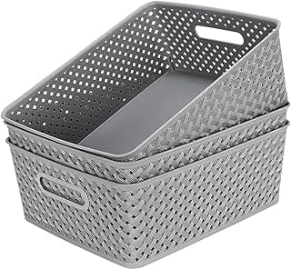 MaxGear 3 Pack Plastic Storage Baskets, Large, Grey | Durable Woven Plastic with Built-In Handles, Suitable for Shelves, Closets, Cabinets, Bathrooms and Offices