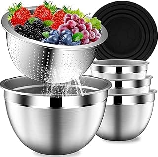 DUTZUN Mixing Bowls with Lids Set, Stainless Steel Mixing Bowls with Colander, Strainer with Mixing Bowl Set, Serving Bowl Kitchen Gift, Size 4.5, 2.5, 2, 1.5QT - Black