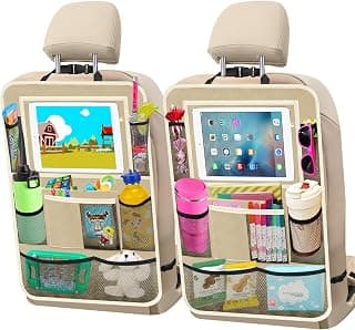 Car Seat Organizer with10 Storage Pockets Seat Back Protectors Kick Mats for Kids Toddlers, Travel Accessories Beige