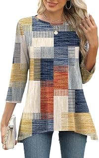 3/4 Sleeve Tunic Tops for Women Loose Fit Dressy Casual Blouse Flowy Shirts to Wear with Leggings S-3XL