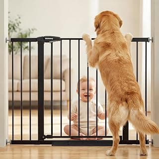 Mumeasy 29.7-46" Baby Gate for Stairs, Auto Close Dog Gate for Doorways | Dual Lock System, Pressure Mounted Walk Through Pet Gate, Extra Wide Metal Child Safety Gate, Mom's Choice Awards Winner