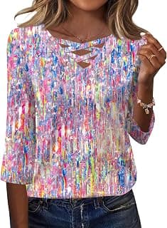 Women Blouses Dressy Casual Spring Tops 3/4 Length Sleeve Womens T Shirts V Neck Criss Cross Tees