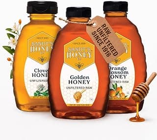 Three 16 oz bottles: Golden, Clover, and Orange Blossom honey for table use, drinks, cooking, baking, dressings, and glazes