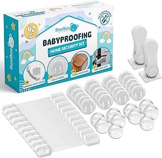 Booboo Baby (42 Pack) Child Safety Baby Proofing Kit | x10 Cabinet Drawer Locks, x10 Corner Guards, x20 Outlet Covers, x2 Door Lever Lock | Baby Proof Your Home & Kitchen with No Trapped Fingers