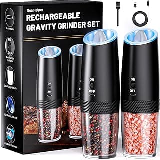 MealHelper Rechargeable Gravity Electric Salt and Pepper Grinder Set with LED Light, Type-C Fast Charging, Adjustable Coarseness, Large Capacity Grinder for Kitchen, Restaurant & Outdoor, (2 Pack)