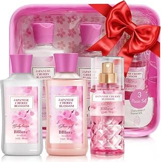 Bath and Body Gift Set for Women and Girls, 3PC Travel Size Self Care Spa Kit with Shower Gel, Body Lotion & Body Mist, Japanese Cherry Blossom Floral Scent, Gift for Teens Mom Bride Friends