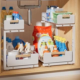 2-Tier Smooth Slide, 5 Adjustable Heights, Anti-Tip Suction Cups, Sturdy Metal, For Kitchen Bathroom Pantry Laundry, White