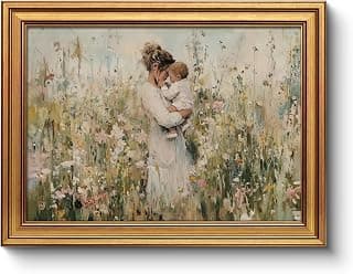 Vintage Gold Frame Mom Holding Baby Canvas Print 12x16 Wall Art, Impressionist Framed Motherhood Oil Painting Artwork, Celebrate Emotional Mother’s Day Gift Nursery Child Room Wall Décor
