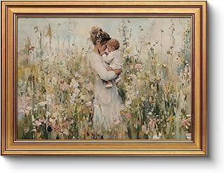 Vintage Gold Frame Mom Holding Baby Canvas Print 12x16 Wall Art, Impressionist Framed Motherhood Oil Painting Artwork, Celebrate Emotional Mother’s Day Gift Nursery Child Room Wall Décor