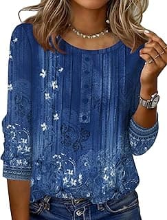 3/4 Length Sleeve Womens Tops Round Neck Casual Summer Tunic Tops Basic Tees Blouses Dressy T-Shirts Pleated Shirts