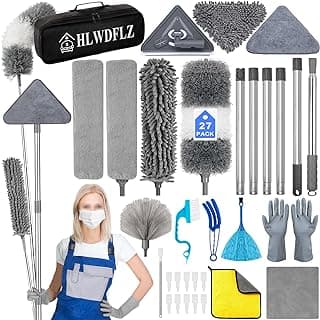Microfiber Duster Kit 27pcs with 30 to 100 Inches Extension Pole and Wall Cleaner Mop, Washable and Bendable Feather Duster for Cleaning Ceiling Fans, High Ceilings, Cobwebs, Blinds, Grey