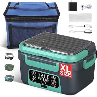 Cordless Electric Heated Lunch Box, 1.5L - 6.3 Cups 100W Rechargeable Smart Self-Heating Food Warmer with Removable Divider, Spoon, Fork, BPA Free, Portable Lunchbox for Car Travel Office Lake Green