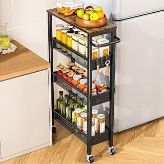 Narrow 7.1" wide, Lockable wheels, wood top panel, metal frame, with handle, for laundry, bathroom, kitchen, black