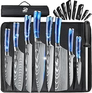 Chef Knife Sets with Roll Bag, 9 Pieces Professional Knife Set | High Carbon Stainless Steel Kitchen Chef Knife Set with Sharpener, Blue Resin Handle, Kitchen & Home Cooking, Dishwasher Safe