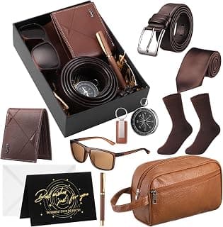 Geyoga 12 Pcs Men Birthdays Gift Set with Box for Men Him Basket Thank You Dad PU Leather Wallet Leather Toiletry Bag Tie Socks Belt Keychain Sunglasses Pen Compass Set